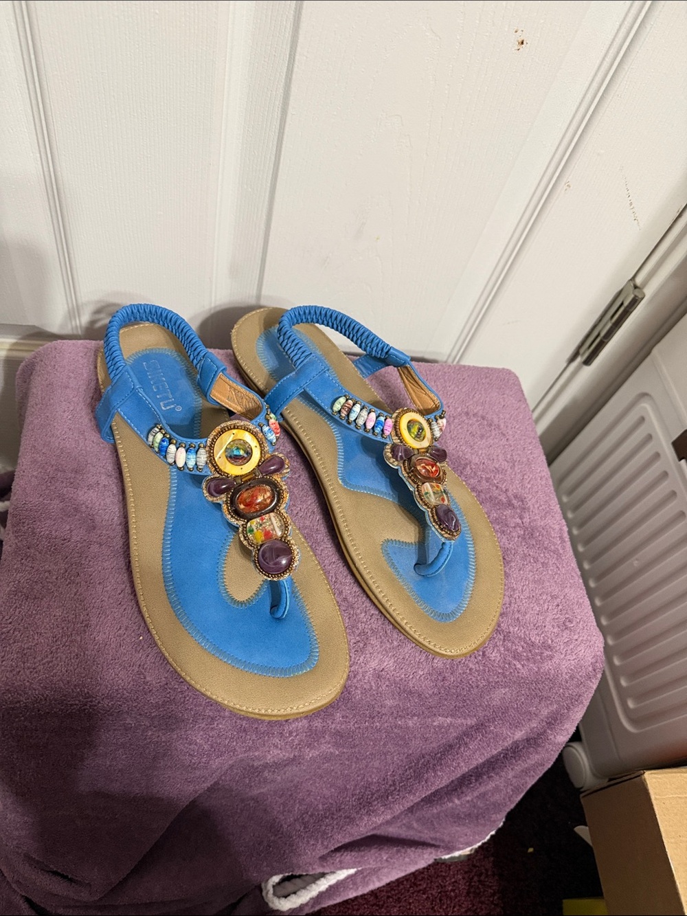 Blue Embellished Women's T-Strap Sandals